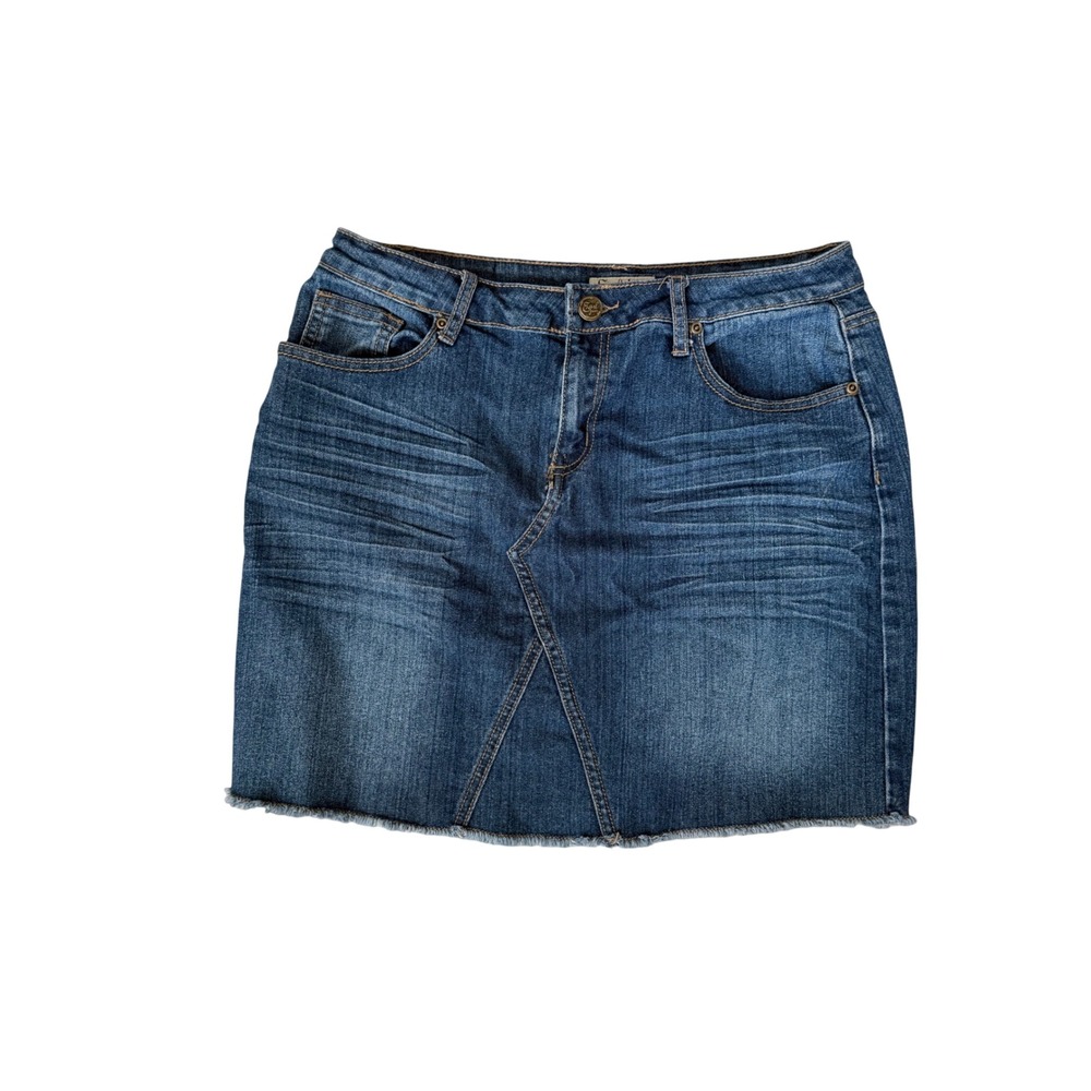 Earl Jean Womens‎ Denim Mini Skirt Medium Wash Raw Hem Size 10 Stretch Blue